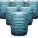 ZMOWIPDL Vintage Glassware Drinking Glasses Set of 6,12 Oz Hobnail Glass Cups, Embossed Blue Water Tumbler, For Beer, Cocktail, Whiskey, Juice and Various Mixed Drinks- 1 Cleaning Brush