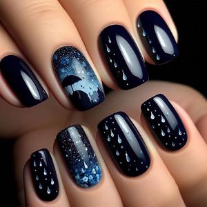 24 Pcs Star Press on Nails Medium Coffin Shaped Fake Nails Black Blue Gradient with Raindrop Star Umbrella Deisgns Glitter Acrylic Nails Sparkly Winter Xmas False Nails Stick on Nails for Nail Art