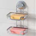 LEVERLOC Double Layer Soap Dish, Bar Soap Holder for Shower Wall, Vaccum Suction Cup Sponge Holder for Bathroom Tub Kitchen Sink, Stainless Steel, Waterproof, Removable, Silver (2 Tire)