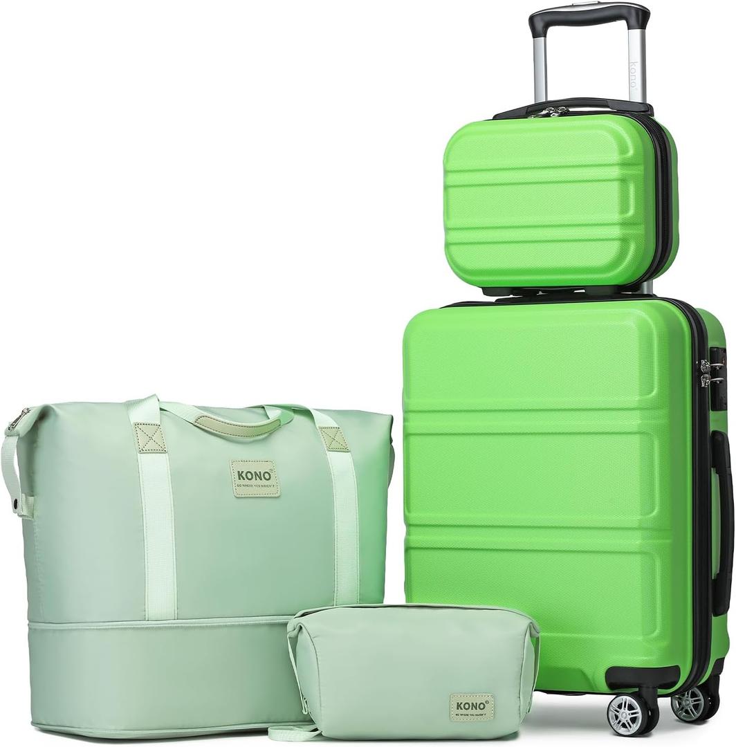 Kono Luggage Set 4 Piece Carry On Hardside Luggage with TSA Lock Spinner Wheels Carry On Suitcase Apple Green (Carry-On Travel Set (DB/TB/12/20"))
