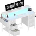 Lufeiya White Gaming Desk with Drawers & Storage Shelves, 47 inch Home Office Desk with Monitor Stand, Computer Desk with LED Lights and Power Outlets, White