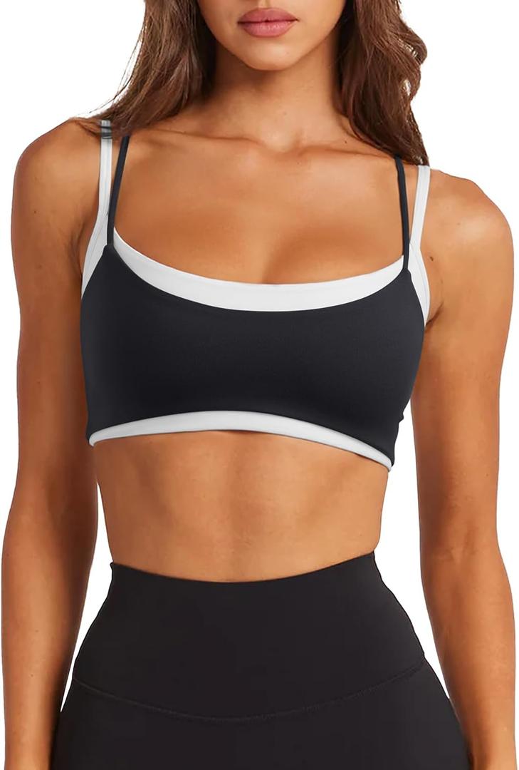 LASLULU Womens Double Layered Sports Bra Adjustable Spaghetti Straps Sexy Scoop Neck Wireless Padded Workout Yoga Crop Tops, Medium
