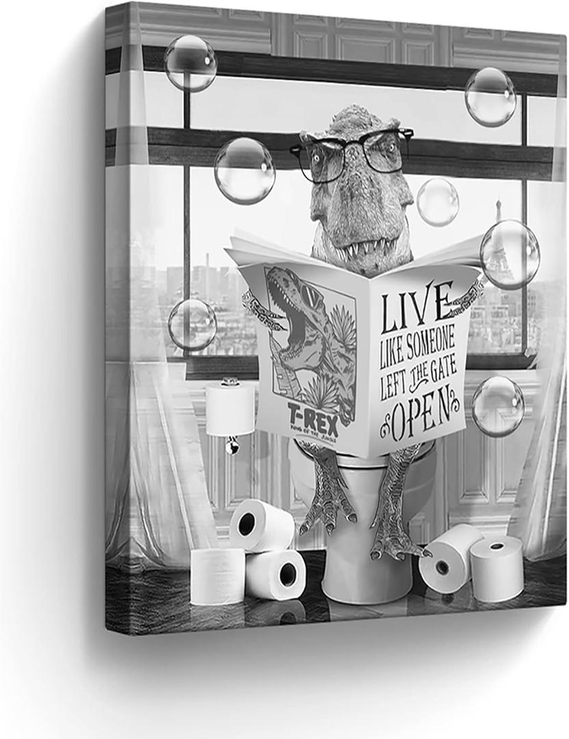 Dinosaur Canvas Wall Art - Farmhouse Bathroom Picture - Sitting in Toilet Reading Newspaper - 12"x16" Framed