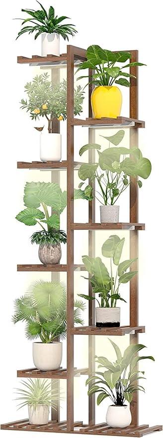 Solatmos Bamboo Plant Stand With Grow Lights Indoor Plants Outdoor Corner Plant Shelf Flower Stands for Living Room Patio Garden Corner Balcony (Brown, 7 Tier)
