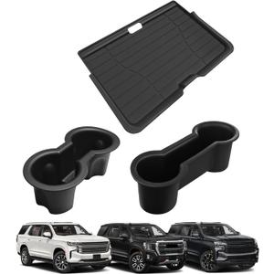 Muslogy Front Center Console Organizer & Cup Holder Inserts Compatible with 2021-2024 GMC Yukon Chevy Tahoe Suburban Accessories Front & Rear Silicone Drink Holder 2PCS & Middle Console Removable Lid