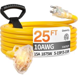 25 ft 10 Gauge Heavy Duty 3 Outlet Extension Cord Splitter with Indicator, Waterproof Outdoor Extension Cord with Multiple Outlets, 15A 1875W for Workshop, ETL Listed, Flexible Yellow SJTW