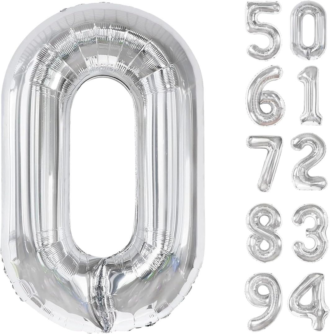 Silver Number Balloon 40 Inch, 0 Number Balloons, 10 20 30 40 50 Numbers Balloon Birthday Decorations, Silver Party Supplies for Women Men