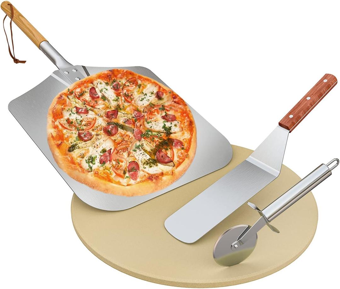 Onlyfire 4-Piece Pizza Stone Set 15" Round Cordierite Baking Stone for Oven & Grill, 14"x16" Pizza Peel, Stainless Steel Spatula & Cutter Complete Pizza Making Kit for Crispy Crust, Bread, BBQ