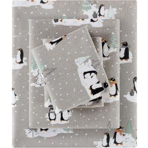 True North by Sleep Philosophy Cozy Flannel Warm 100% Cotton Sheet - Novelty Print Animals Stars Cute Ultra Soft Cold Weather Bedding Set, Twin, Grey Penguins 3 Piece