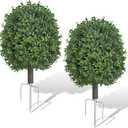 Artificial Boxwood Topiary Trees Outdoor Set of 2, UV Resistant Faux Outdoor Plants with Real Wood Trunk & Metal Ground Stakes, Wind Resistant Boxwood Ball Bushes for Front Porch Patio Entryway Decor