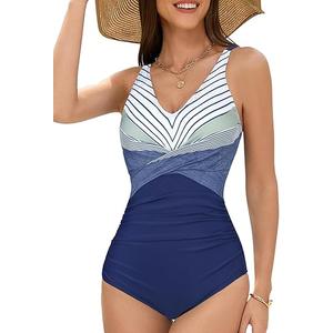 American Trends One Piece Swimsuit Women Bathing Suit Tummy Control Swim Suits for Women 2025 Modest Swimwear, Medium, Blue Stripe