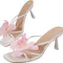 MakeMeChic Women's Open Toe Floral Kitten Heels Flower Summer Beach Sandals (6.5, White)