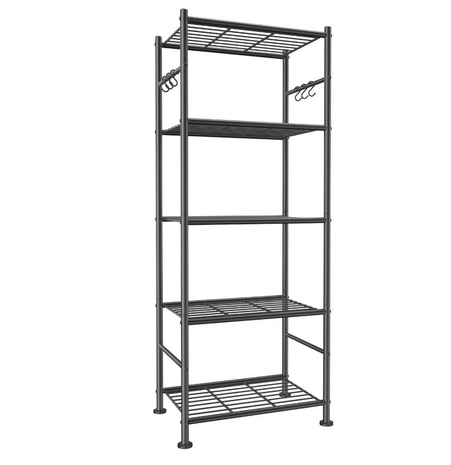 Sakugi Storage Shelves - 5-Tier Large Capacity Shelf Organizer with Hooks, Heavy-Duty Garage Shelving with Leveling Feet, Wobble-Free Rack for Bedroom, Balcony, Garage, 18.1"×12.4"×56.8", Black