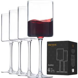 Square Wine Glasses, WG4 White or Red Wine Glasses Set of 4, 14 Ounce Hand Blown Edge - Modern Flat Bottom - Unique Large Goblets
