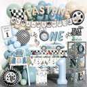 Fast One Birthday Decorations, 146 Pcs Race Car 1st Birthday Party Supplies includes Backdrop, Balloon Garland, Photo Banner, Foil Balloons, Tablecloth, Boxes, Poster, Flag, Crown for Boys