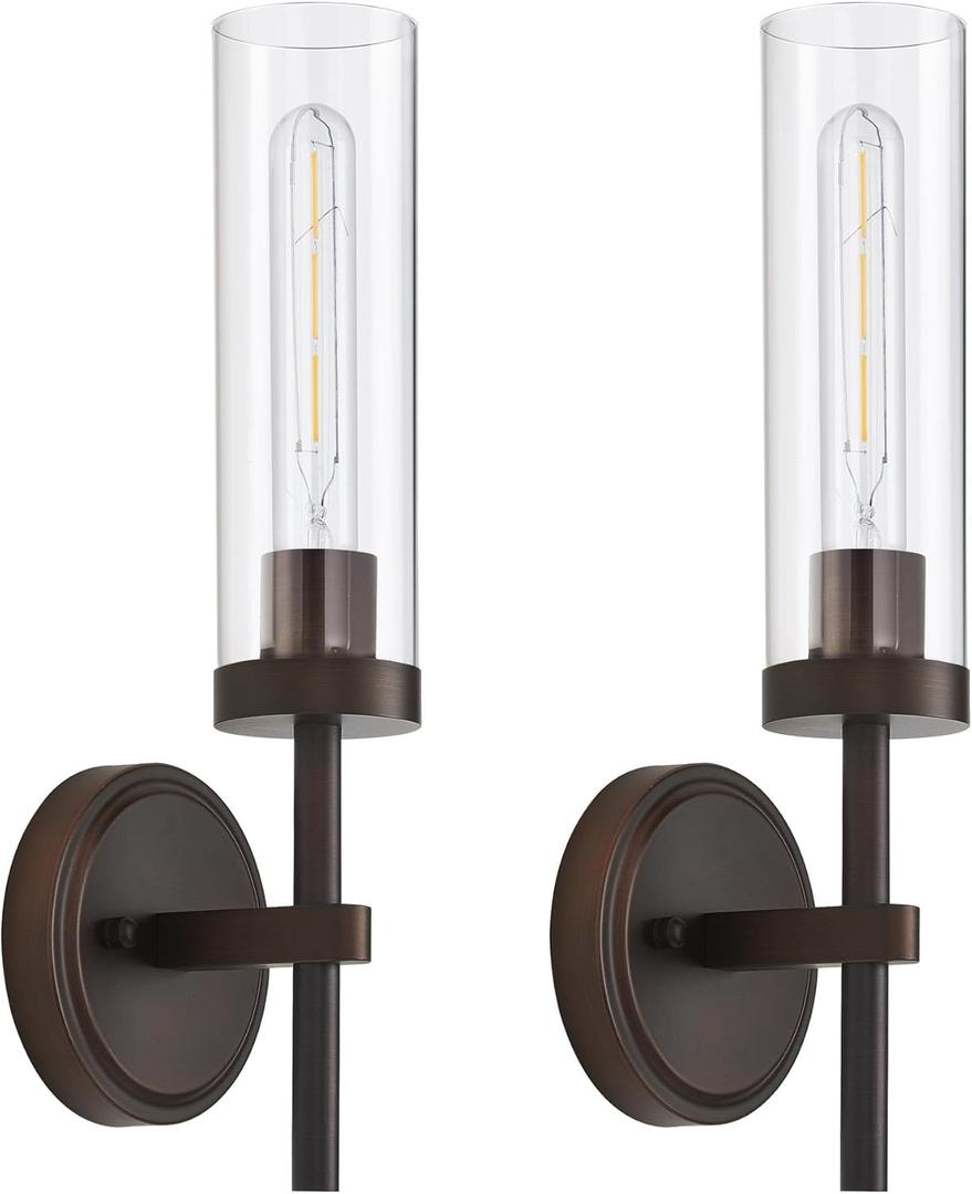 SANTOSTOCK Oil Rubbed Bronze Wall Sconces Set of Two, Bathroom Wall Sconces Vanity Lights with Clear Glass Shade, Modern Farmhouse Wall Mount Lights for Mirror Bedroom Living Room Stairwell Hallway (Hardwired 16 Inch)