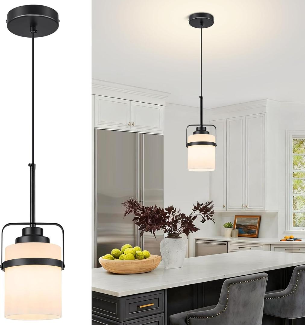 Modern Black Pendant Lights Kitchen Island Light, Adjustable Hanging Light Fixture with Milk Glass Shade, Farmhouse Pendant Light for Dining Room Bar Over Sink/Table/Counter, 1 Pack