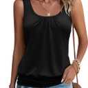 Womens Banded Bottom Scoop Neck Tank Tops Pleated Loose Fit Sleeveless Tops Summer Outfits (Large, Black)