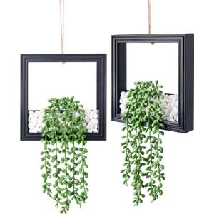 2 Pack Fake Plants Hanging, Artificial Succulents Plants in Square Wooden Frame with LED Lights, Boho Wall Decor for Office Living Room Bathroom Bedroom Kitchen Indoor Outdoor, Black