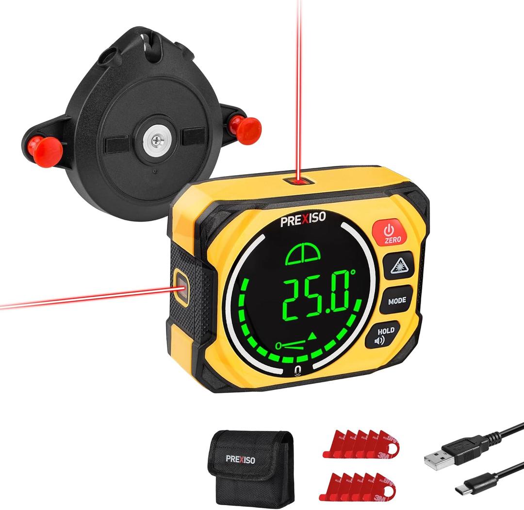 PREXISO 3-in-1 Multi Surface Laser Level with Digital Angle Gauge Magnetic, Rechargeable Digital Level with Wall Mount Base, 0-90 & 0-180, Angle Finder Cross Line for Woodwork, Saw, Hanging Frames