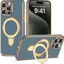 Compatible with iPhone 15 Pro Case with Magnetic Ring Stand [Compatible with Mag-Safe] [Full Camera Lens Protector] Soft Plating Phone Case for iPhone 15 Pro 6.1", Grey Blue