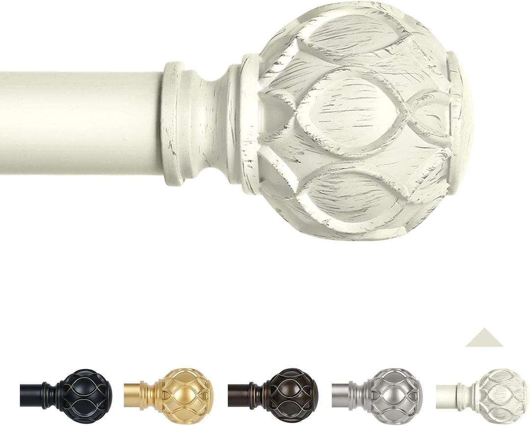 TANGWIN White Farmhouse Curtain Rods for Windows:66-120" Heavy Duty Adjustable Curtain Rod for Bedroom Living Room,Boho Decorative Rustic Drapery Rods with Vintage Coastal Texture Finial,Antique White