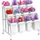 Asee'm Flower Display Stand With 12PCS Buckets 3 Tier Flower Cart Display Stand with Wheels Heavy Duty Moving Metal Plant Stand Flower Bar Flower Rack for Florist Indoor Outdoor Patio Garden White
