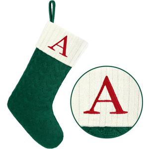 Christmas Stockings with Initials,20 Inches Large Knit Embroidered Letter Green White Christmas Stocking,Monogram Christmas Stocking for Famliy Holiday and Xmas Tree Fireplace (Letter A)