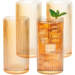 MyGift 12 oz Gold Tint Fluted Highball Drinking Glasses, Ribbed Textured Glass 6 Inch Tall Tumblers for Cocktail Beverage, Iced Coffee or Tea, Water Drink Cup, Glassware Set of 4