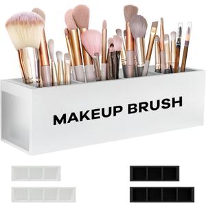 Suli Large Makeup Brush Holder Organizer, Wooden Cosmetic Brushes Storage with 4 Slots, Eyeliners Display Case for Vanity Desktop Bathroom Countertop -White