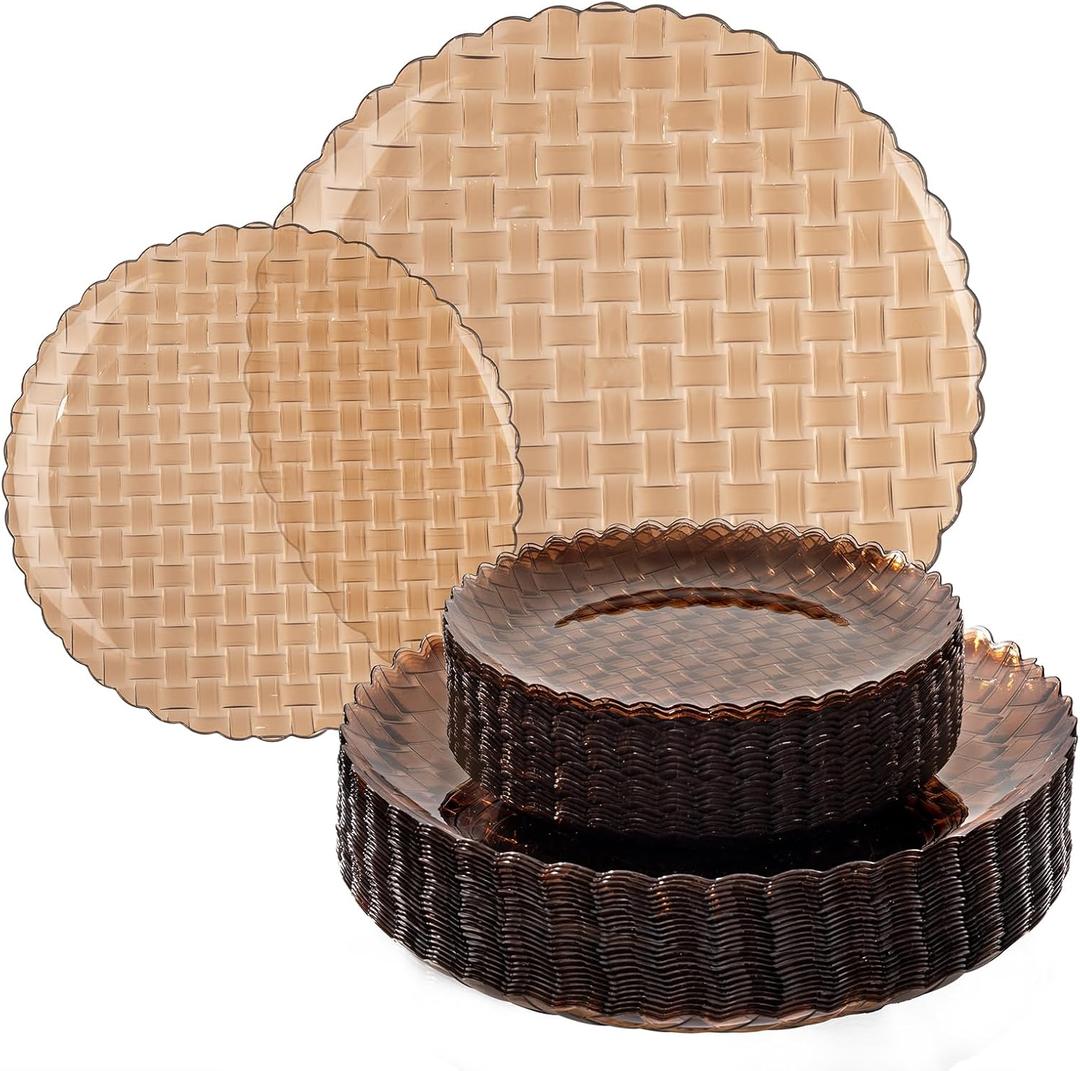 Festiva 60PCS Clear Brown Plastic Plates - Heavy Duty Weave Pattern Fancy Disposable Plates -serve for 30 guests Include 30PCS 10" & 30PCS 7" Plates for Birthday&Easter Party(Mocha Mousse)