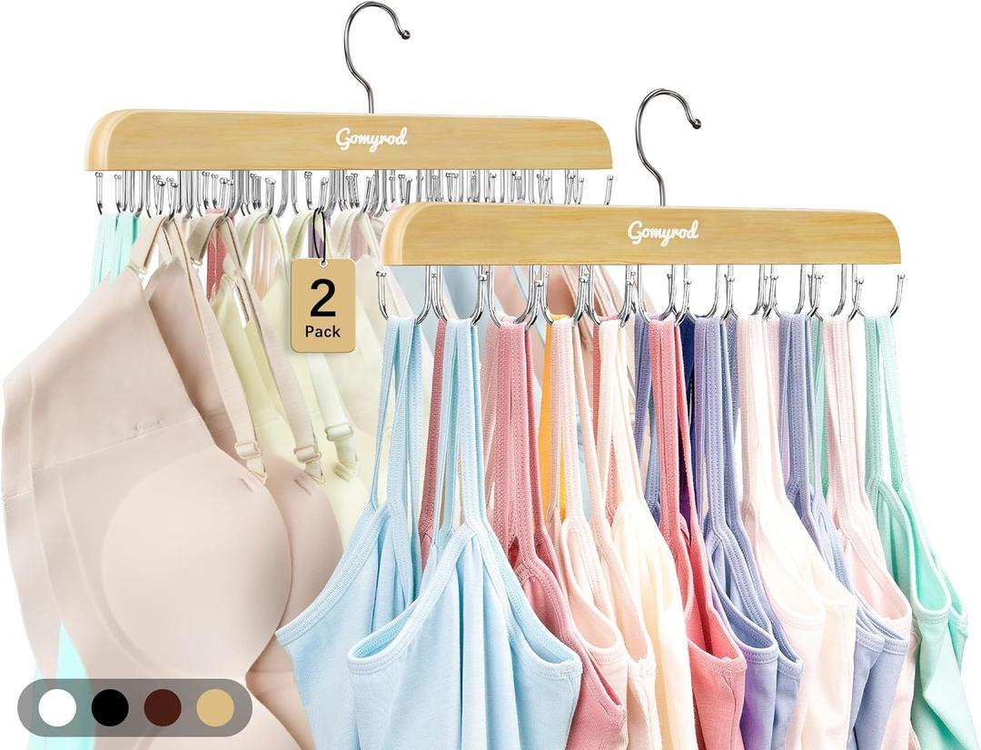 Bra Hanger for Closet, Tank Top Hangers 2 Pack w/20 Hooks Holds 40 Bras, Capacity Foldable Wood Space Saving Hanger, 360Rotating Closet Organizers and Storage for Dorm & Apartment