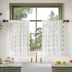 Anmao Vintage Lace Valance Kitchen Curtains 36 Inches Long 2 Panels, Semi Sheer Floral Over Sink Lacy Cafe Curtain, Elegant Window Short Small Drapes, 55W x 36L, White Plum