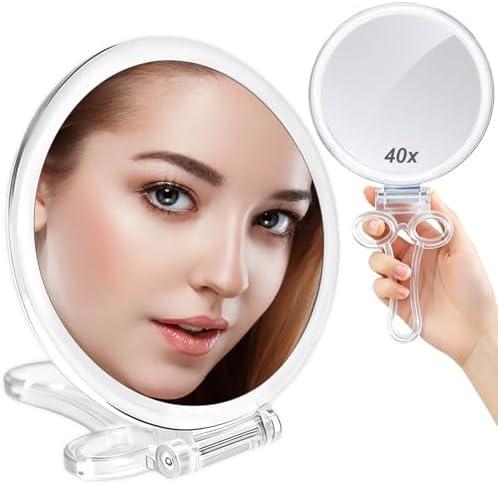 AMISCE Magnifying Hand Mirrors with Handle - Double Sided Handheld Mirror with 1X 40X Magnification, Portable Travel Folding Hand Held Mirror, Pedestal Makeup Vanity Mirror