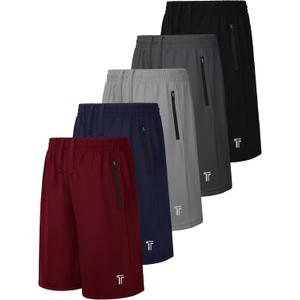 5 Pack Boys Athletic Shorts with Zipper Pockets Basketball Soccer Quick Dry Teen Kids Sport Shorts Elastic Waist, X-Small, Dark Gray, Black, Gray, Navy Blue, Dark Red