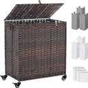 Laundry Hamper with Wheels&Lid, 50.2 Gallons(190L) Rolling Laundry Basket with Wheels, 3-Section Laundry Hamper, Handwoven Rattan Clothes Hamper with 6 Removable Liner & 3 Mesh Laundry Bags, Brown