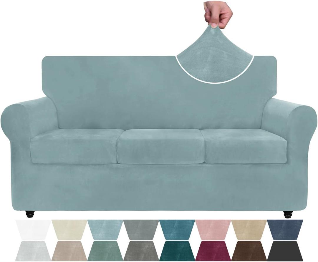 ZNSAYOTX Luxury Velvet Couch Cover 4 Piece (72"-92") Stretch Sofa Covers for 3 Cushion Couch Thick Soft Sofa Slipcover with Non Slip Strap, Dog Pet Friendly Nice Furniture Protector (Stone Blue)