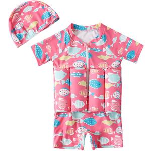 Kids Floatation Swimsuits Baby Boys Girls One Piece Float Suit Short Sleeve Swim Vest Zip up Buoyancy Swimwear +Cap (M)
