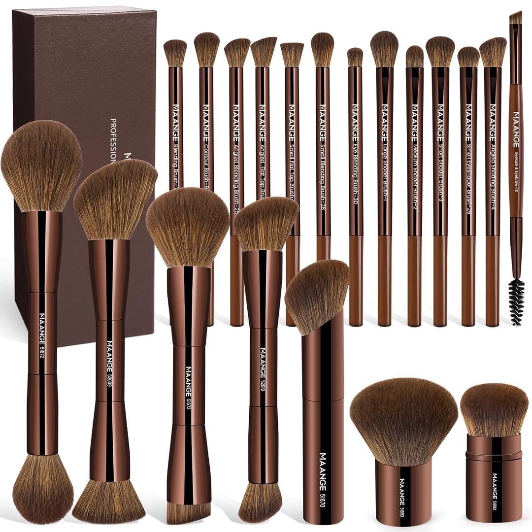 MAANGE 20 Pcs Makeup Brushes with Gift Box, Double-End Multi-functional Makeup Brushes for Blending Liquid Powder Concealer Cream Blush Buffe, Dark Brown