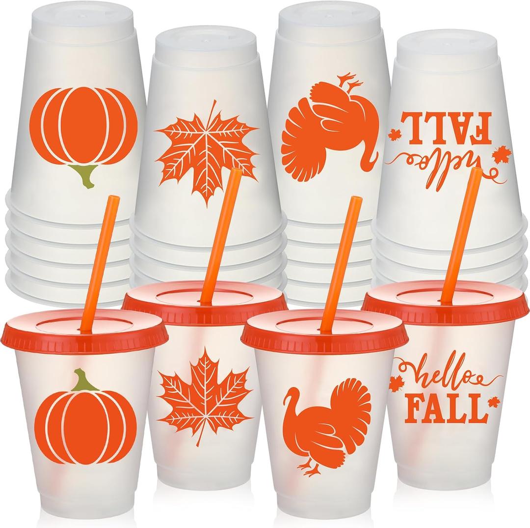 Suttmin 24 Pcs Thanksgiving Plastic Tumbler with Lids Straws 16 oz Thanksgiving Party Plastic Tumbler Reusable Fall Cups for Iced Coffee Tea Drinks Autumn Harvest Party Supplies (Autumn Harvest)