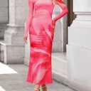 ZESICA Women's Long Sleeve Floral Maxi Dress 2026 Fall Off Shoulder Bodycon Ruched Mesh Cocktail Wedding Guest Dresses (L)