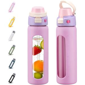 MUKOKO 2-in-1 Borosilicate Glass Water Bottle with Straw for Sports and Travel, 24oz Drinking Bottle with Silicone Sleeve, BPA Free, Leak Proof, Pink