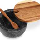 Marble Salt Cellar Box with Wood Lid & Spoon, Modern Black Stone Salt or Pepper Sugar Spice Seasoning Bowl Container Jar Holder Well Keeper Dish Pig Crock for Kitchen