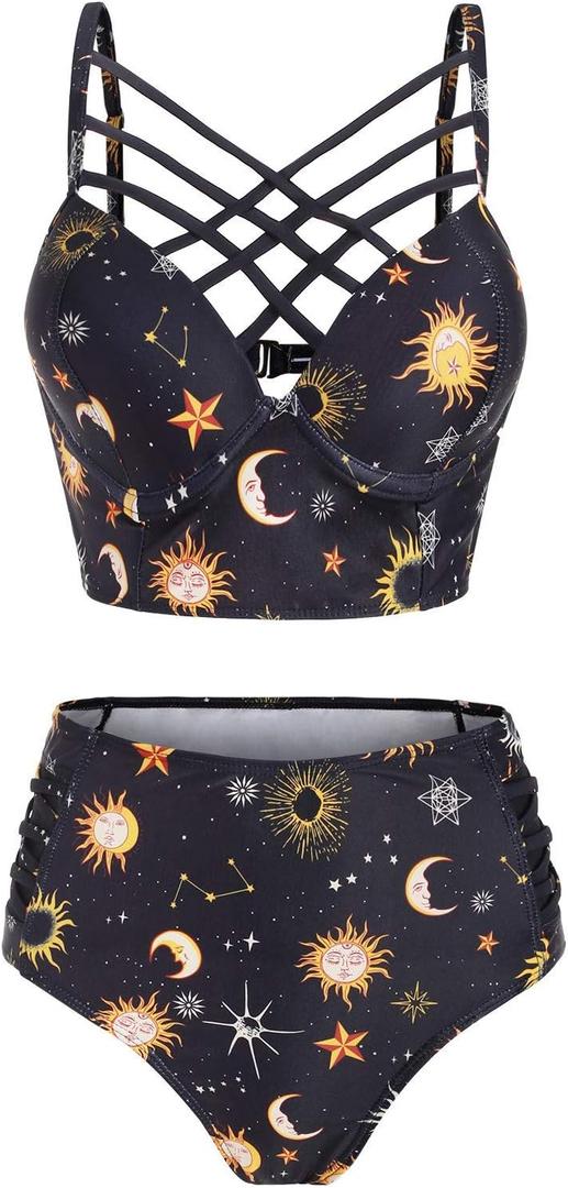 Women's Bikini Summer Bathing Suit Sun Star Moon Lattice High Waisted Tankini Swimsuit (Large, Yellow)