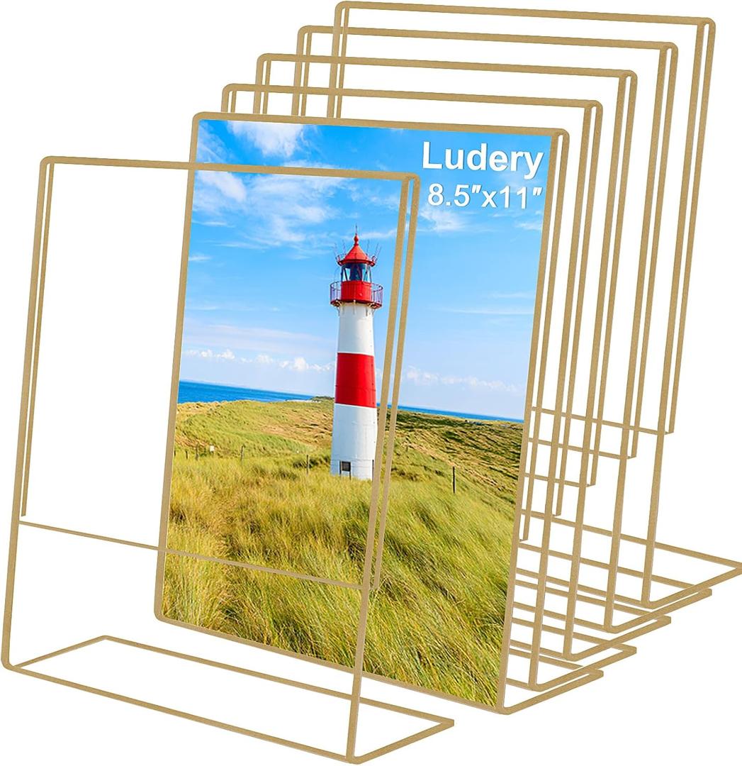 Gold Picture Frames 8.5x11, Clear Frameless Picture Frames, 6 Pack Acrylic Self Standing Photo Frames for Wedding Table Numbers, Restaurant Signs, Photos and Art Display