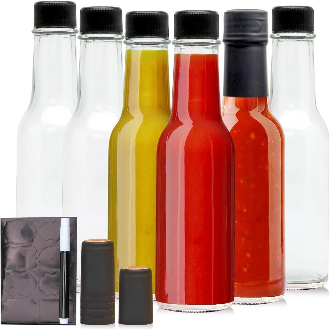 Brajttt 5oz Glass Bottle, Clear Woozy Bottles with Shrink Capsules,Empty Small Beverage/Canning Bottles with Black Caps for Kitchen and Party,6 Pack