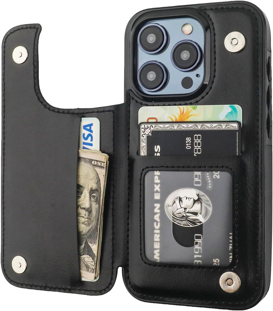 ONETOP Compatible with iPhone 15 Pro Wallet Case with Card Holder, PU Leather Kickstand Card Slots Case, Double Magnetic Clasp and Durable Shockproof Cover 6.1 Inch (Black)