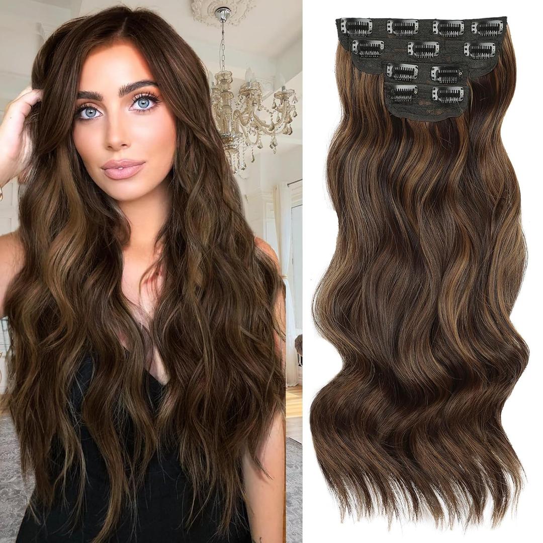 Vigorous Clip in Hair Extensions Black&Dark mix light brown Hair Extensions Clip ins 4PCS Thick Synthetic Wavy hair for Women