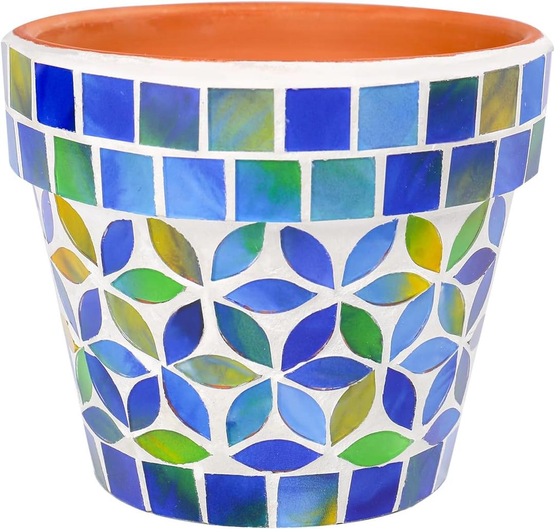 Small Mosaic Plant Pot Flower Pots Ceramic Planter with Drainage Hole Small Ceramic Pot for Indoor Outdoor Plants Succulent Pots Blue with Flower Design