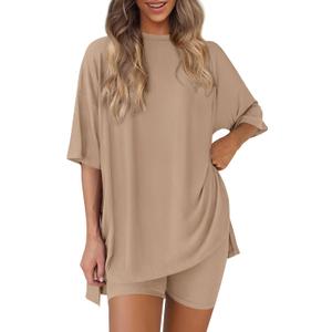 PRETTYGARDEN Women 2 Piece Lounge Set 2026 Summer Casual Oversized Shirts Biker Shorts Matching Airport Travel Outfit Clothes (Beige, S)